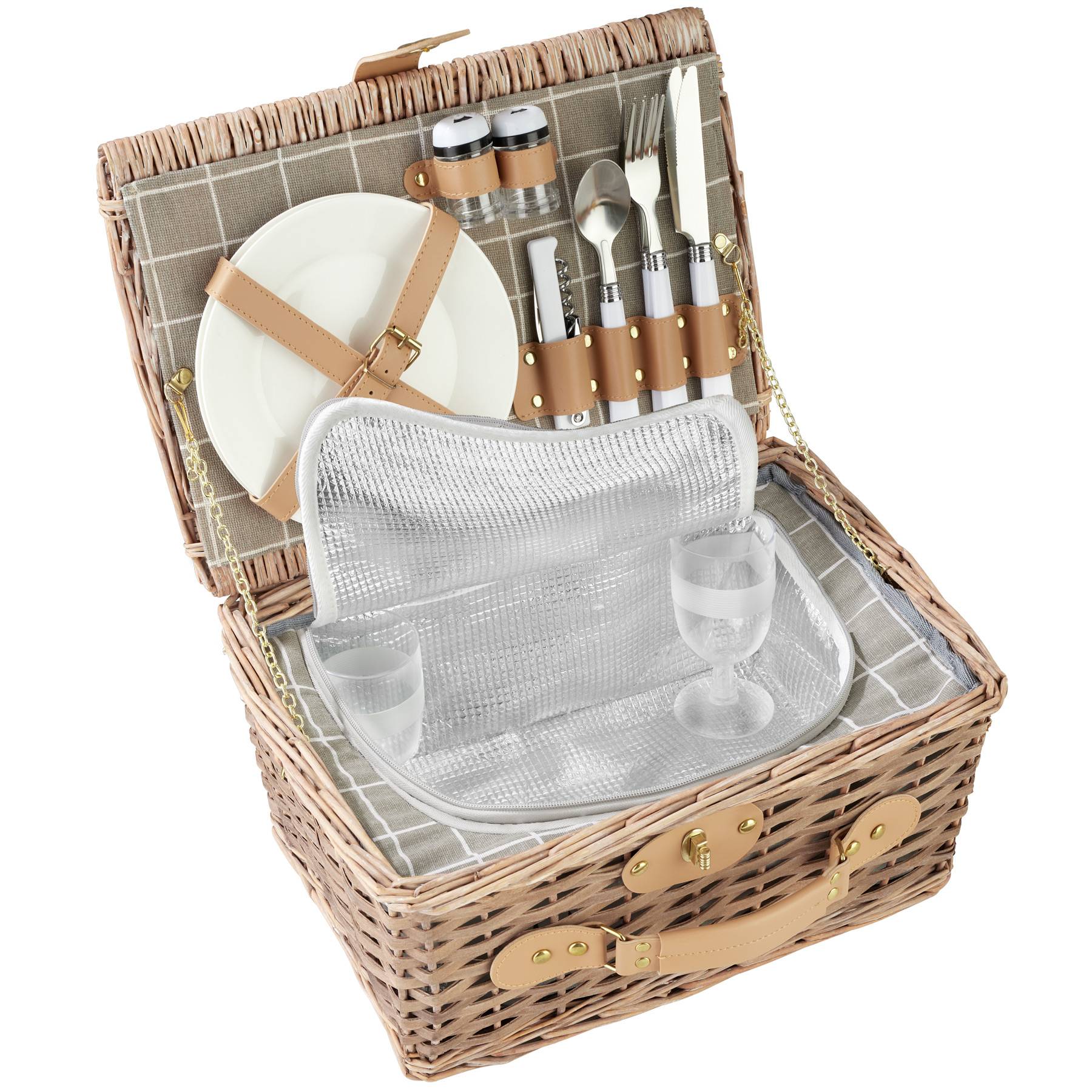 Arthur Cameron Cestino Da Picnic In Vimini Naturale Per 4 Persone, Con Frigo Integrato, Piatti E Bicchieri In Ceramica, Posate E Apribottiglie - 2