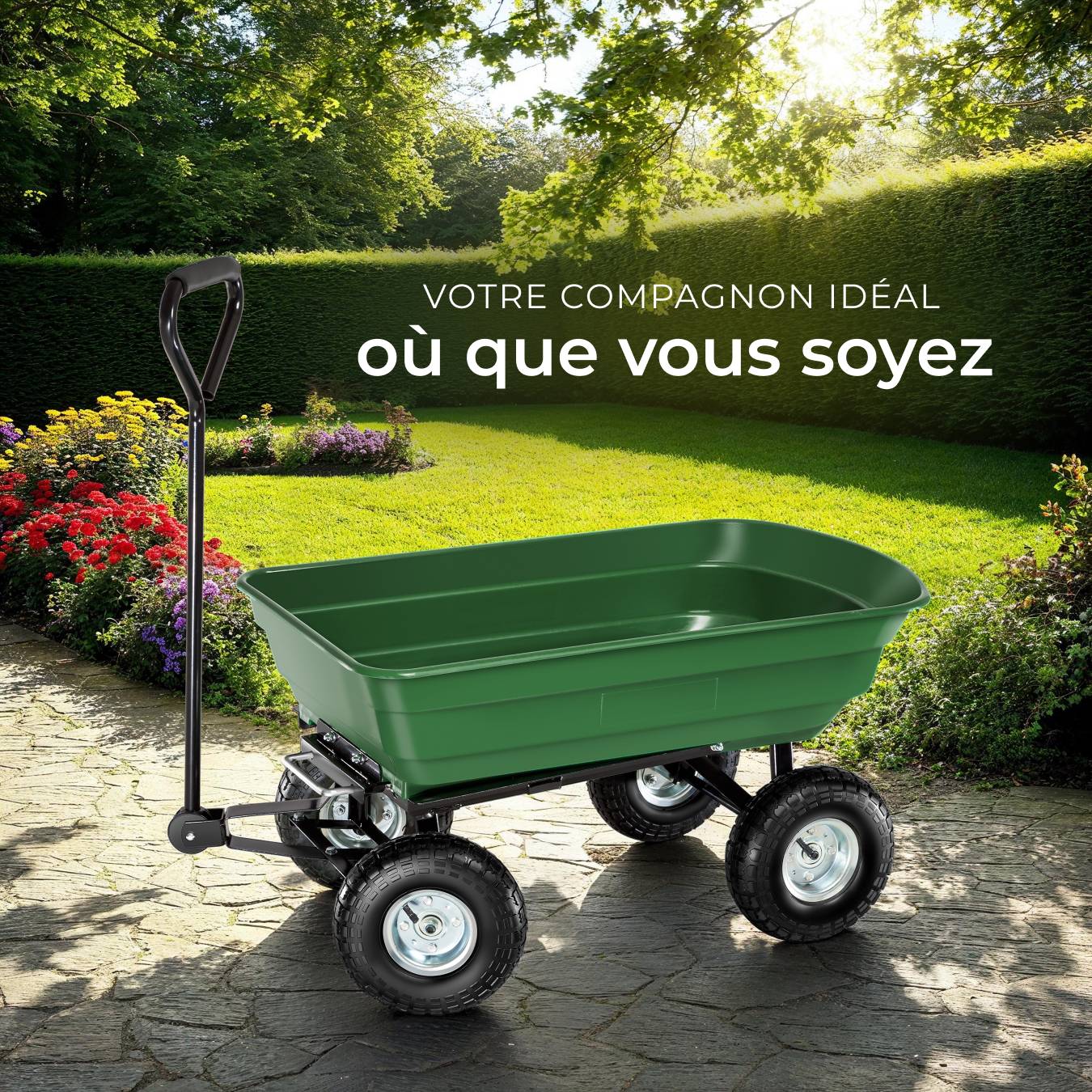 SPRINGOS Chariot Jardin 250kg - 4 Roues Pneumatiques, Bac 75L, Fonction Basculante