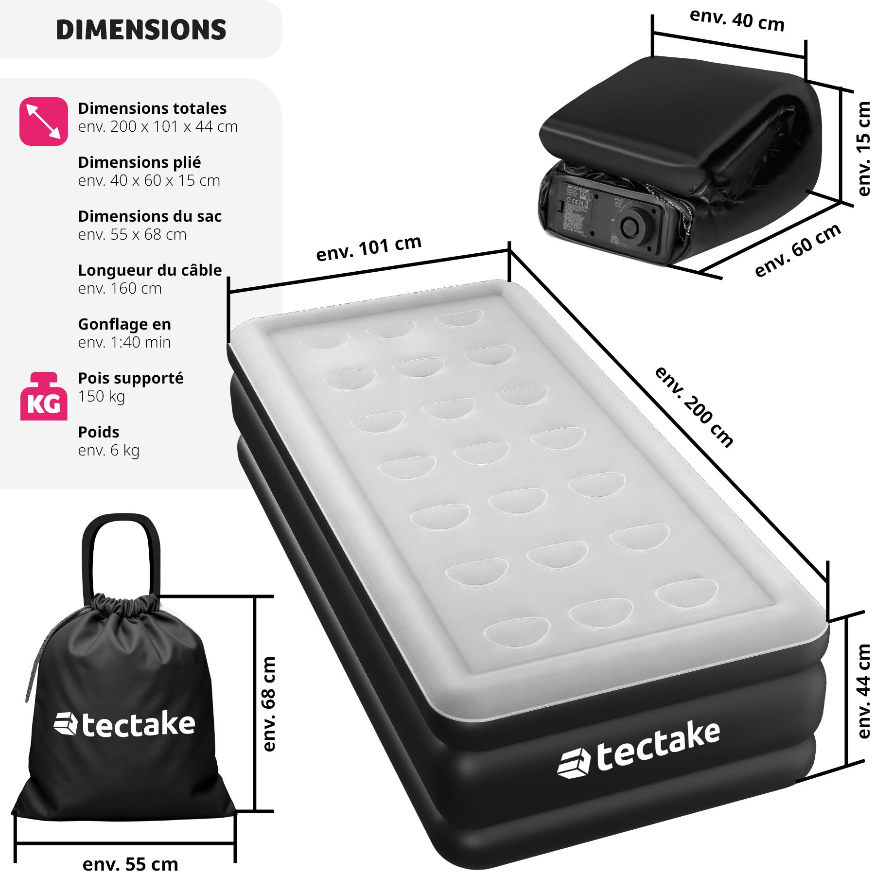 Matelas Gonflable 2 Places TecTake - Pompe Électrique Intégrée | Confort Camping Et Appoint - 200x101cm