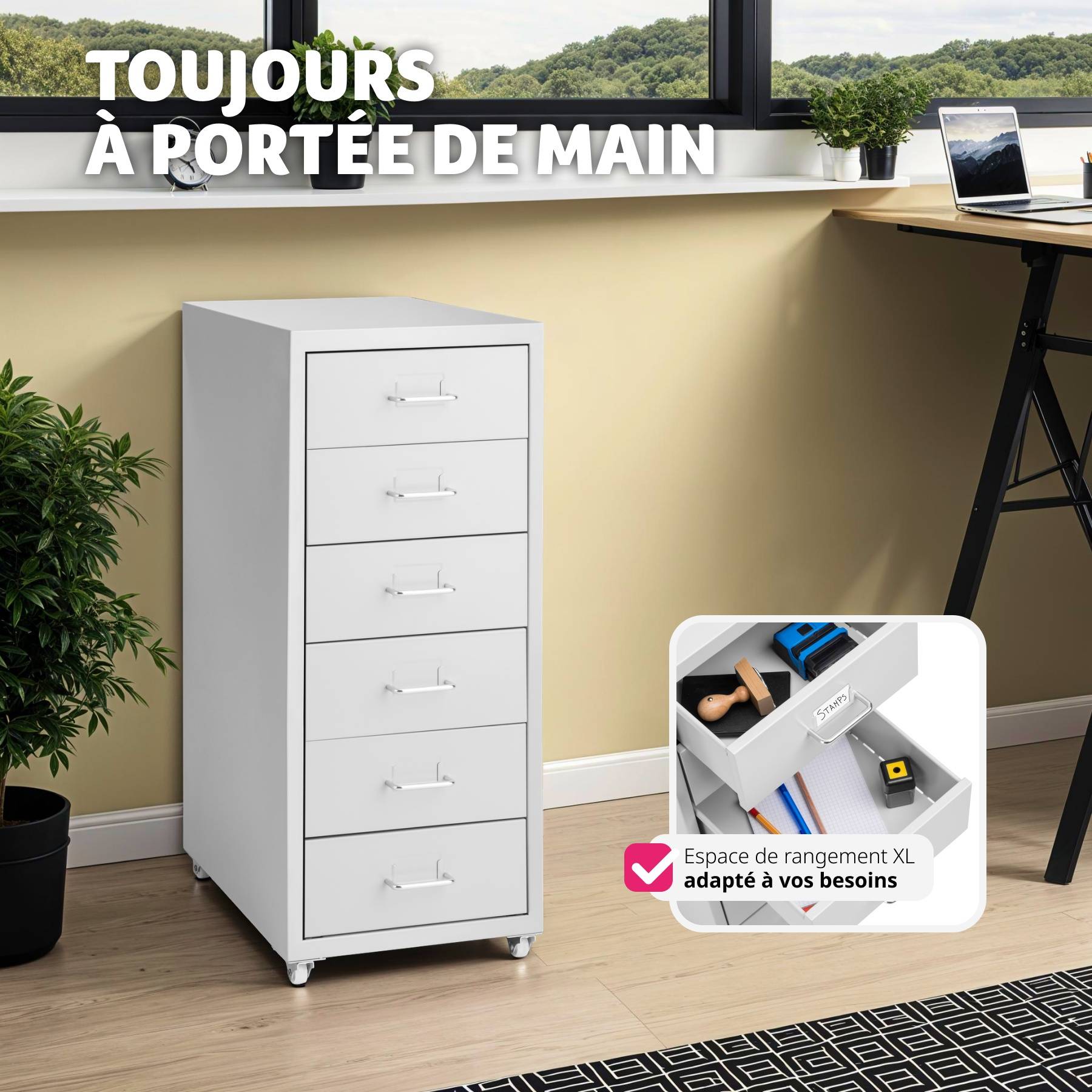 Tiroir De Rangement Sous Bureau Sans Perçage - 2 Tiroirs Métal, Pinces Ajustables, Pour Fournitures, Documents - 6