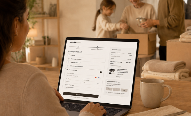 Option de don « Adyen Giving » dans le processus de paiement de tectake Une cliente fait un don lors du paiement sur tectake via Adyen Giving
