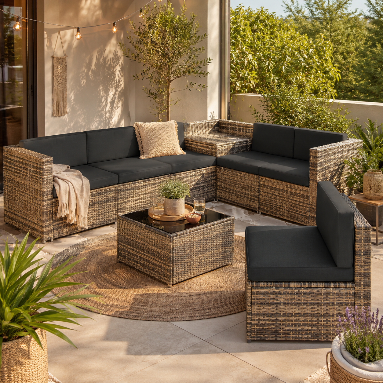 Rattan-Lounge mit Tisch und grauen Polstern auf Terrasse