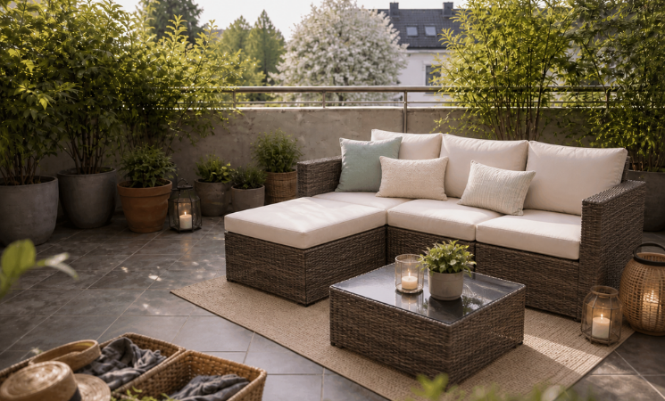 Rattan-Lounge mit Sofa und Tisch auf gem&uuml;tlicher Terrasse