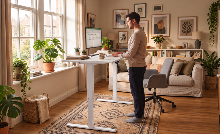 Ergonomisch arbeiten mit höhenverstellbarem Schreibtisch im Homeoffice Mann arbeitet im Homeoffice an einem höhenverstellbaren Schreibtisch im Wohnraum