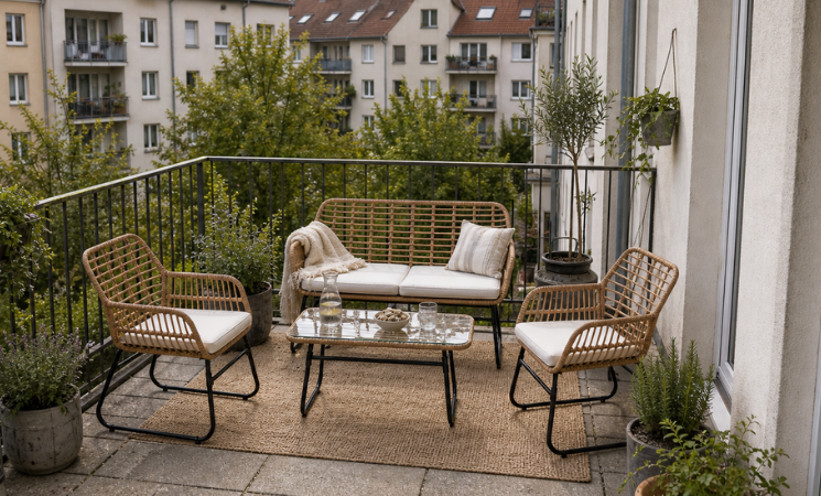 Balkon mit Sitzgruppe und Pflanzen f&uuml;r kleine Au&szlig;enbereiche
