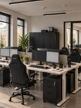Moderne Büroeinrichtung für mehrere Arbeitsplätze Modernes Büro mit mehreren Arbeitsplätzen, Monitoren und schwarzen Bürostühlen