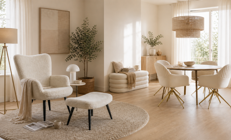 Helles Wohnzimmer mit Sessel, Hocker und Essbereich in Beige