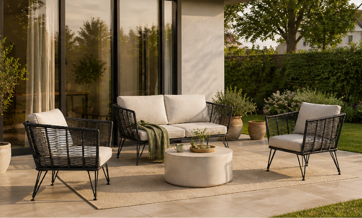 Moderne Lounge-Ecke im Garten mit Sesseln, Sofa und Couchtisch