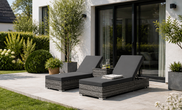 Moderne Sonnenliegen auf Terrasse vor Haus mit Garten