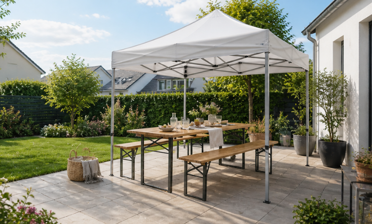 Pavillon &uuml;ber Bierzeltgarnitur auf Terrasse im Garten