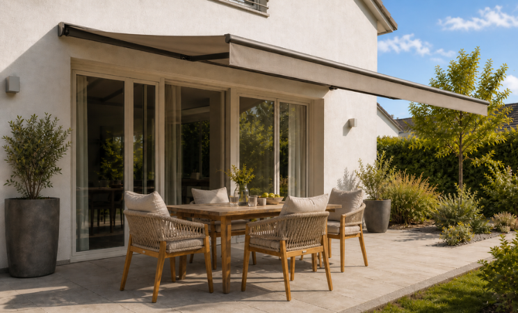 Terrasse mit Esstisch, Gartenst&uuml;hlen und Markise als Sonnenschutz