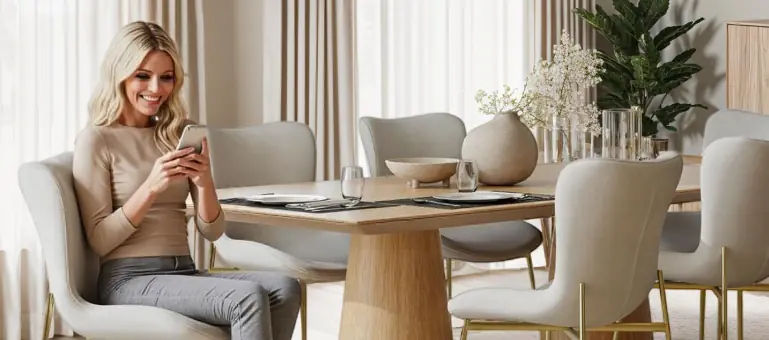 Sala da pranzo moderna con tavolo rotondo in legno chiaro, sedie imbottite beige e donna sorridente che usa lo smartphone.