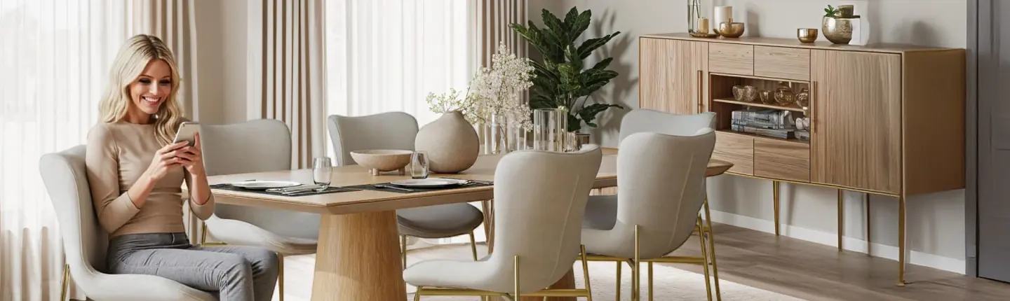 Sala da pranzo moderna con tavolo rotondo in legno chiaro, sedie imbottite beige e donna sorridente che usa lo smartphone.