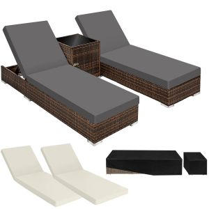 2 Sonnenliegen Rattan mit Aluminiumgestell und Tisch inkl. Schutzh&uuml;lle