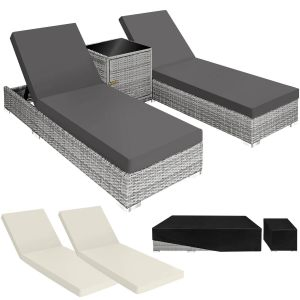 2 Sonnenliegen Rattan mit Aluminiumgestell und Tisch inkl. Schutzh&uuml;lle