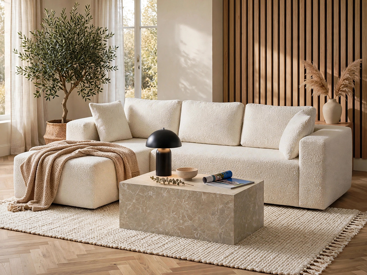 Modernes Wohnzimmer mit hellem Sofa, Couchtisch und stilvoller Einrichtung