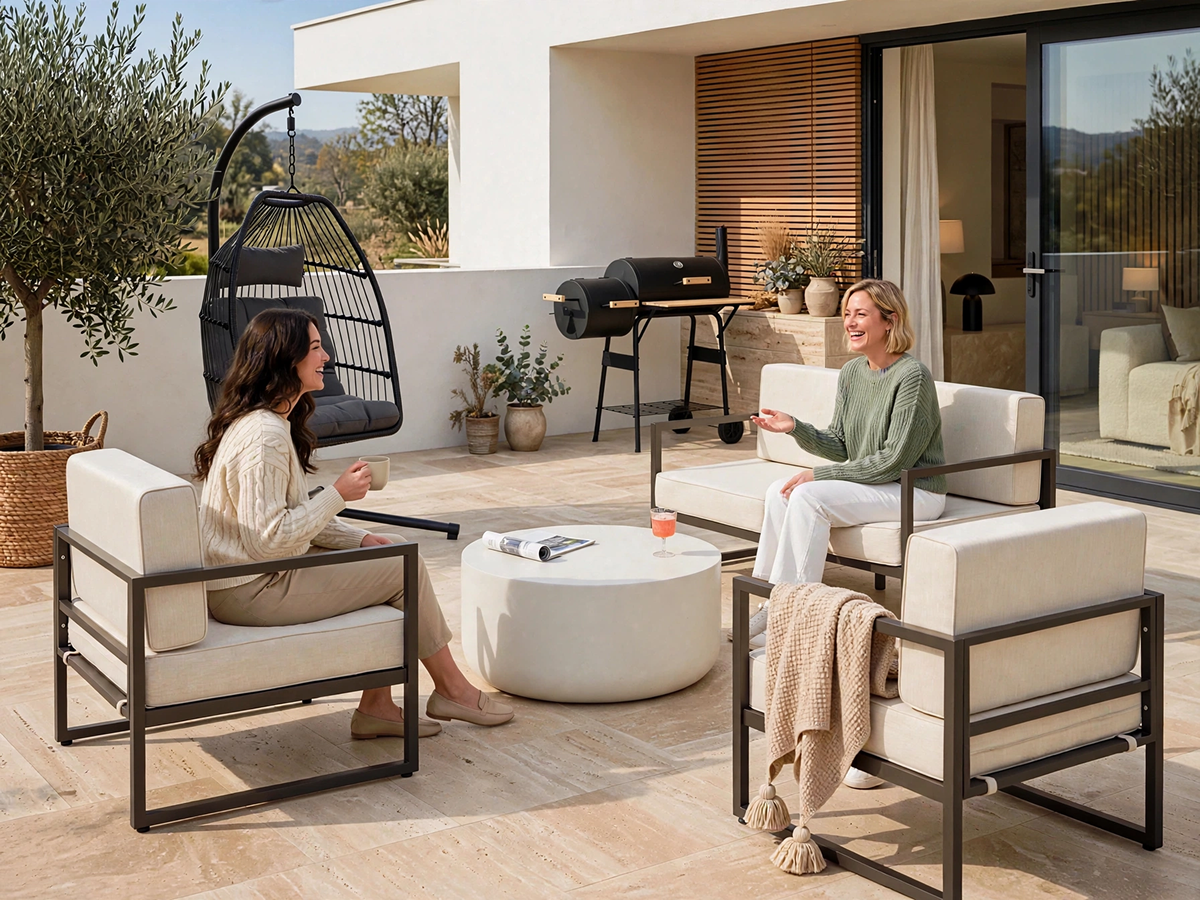 Moderne Terrasse mit Gartenmöbeln, Hängesessel und Grill